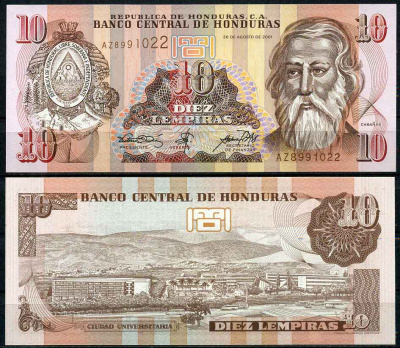 Гондурас 10 лемпира 2001 Хосе Тринидад Кабаньяс, университет Тегусигальпа Pick 86 b бумага UNC (пресс) 447-34-2-1