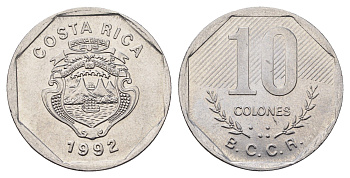 Коста-Рика 10 колонов 1992 KM 215.1 нержавеющая сталь 4698-443