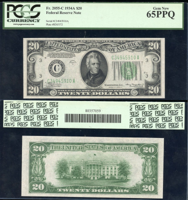 США 20 долларов 1934 серия 1934A, C (Филадельфия), в слабе PCGS 65 PPQ Gem New Pick 431D a, Fr. 2055-C  бумага  UNC (пресс) 452-3-32
