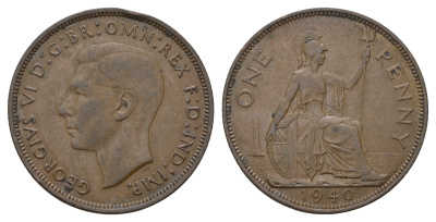 Великобритания 1 пенни 1940 Георг VI (1936-1952) КМ 845, Spink 4114 бронза 4111-634