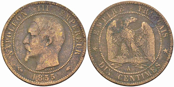 Франция 10 сантимов 1855 A, Наполеон III (1852-1870) KM 771.1, Le Franc 133,19 бронза 38-1041