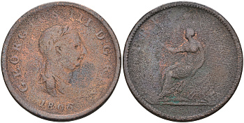 Великобритания 1/2 пенни 1806 Георг III (1760-1820) KM 662, Spink 3781 медь 4590-1221