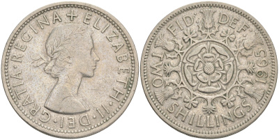 Великобритания 2 шиллинга (флорин) 1965 Елизавета II (1952-2022) KM 906, Spink 4146 медно-никель 4557-1045