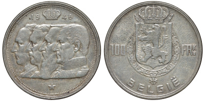 Бельгия 100 франков 1948 Belgie, королевская династия KM 139.1 серебро    1530-624