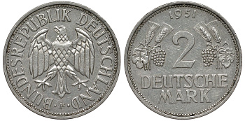 ФРГ 2 марки 1951 F J 386, KM 111 медно-никель плакированный никелем 4681-634