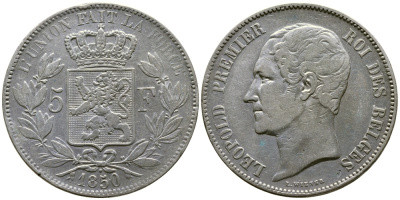 Бельгия 5 франков 1850 Леопольд I (1831-1865), точка над датой KM 17 серебро 74-1131