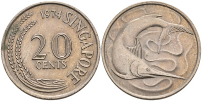 Сингапур 20 центов 1974 голубой марлин, тунец KM 4 медно-никель    4116-413