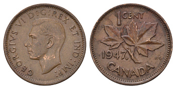 Канада 1 цент 1947 Leaf, Георг VI (1936-1952), кленовый лист KM 32 бронза 4689-321