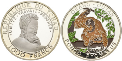 Чад 1000 франков 2001 орангутан KM 29 серебро PROOF 04-317-34