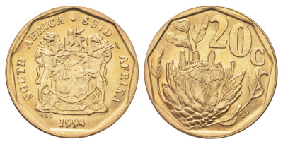 ЮАР 20 центов 1994 герб, цветок протея KM 136 сталь плакированная бронзой UNC 4696-1032