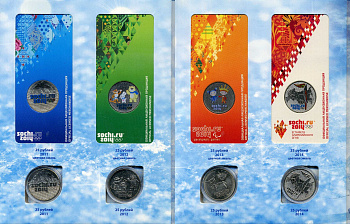 Россия набор из 8 монет (25 рублей) посвященных олимпиаде-2014 2011, 2012, 2013 и 2014 XXII зимние Олимпийские Игры и XI зимние Паралимпийские Игры, Сочи 2014 - Эмблема, Талисманы и Факел, в красочном буклете 3-6-6-31