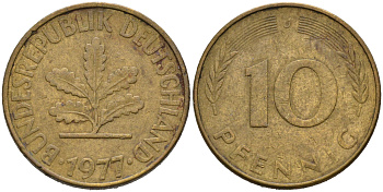 ФРГ 10 пфеннигов 1977 J KM 108, J.383 сталь плакированная латунью 4681-1137