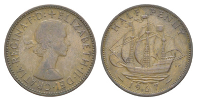 Великобритания 1/2 пенни 1967 Елизавета II (1952-2022) KM?896, Spink?4158 бронза 4641-956