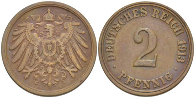 Германия 2 пфеннига 1913 A KM 16, J. 11, Weege 4 медь 206-639