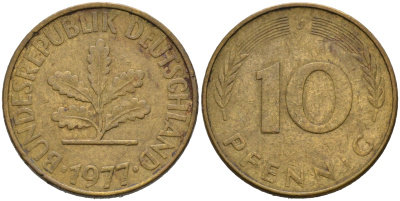 ФРГ 10 пфеннигов 1977 J KM 108, J.383 сталь плакированная латунью 4681-1137