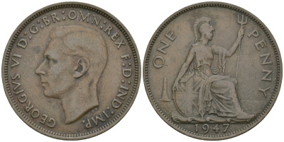 Великобритания 1 пенни 1947 Георг VI (1936-1952) KM 845, Spink 4114 бронза 81-443