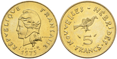 Французские Новые Гебриды 5 франков 1975  KM 6.2 никель-латунь  UNC  4610-543
