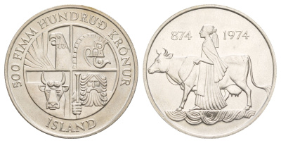 Исландия 500 крон 1974 1100 лет первым поселенцам KM 20 серебро BU 441-222
