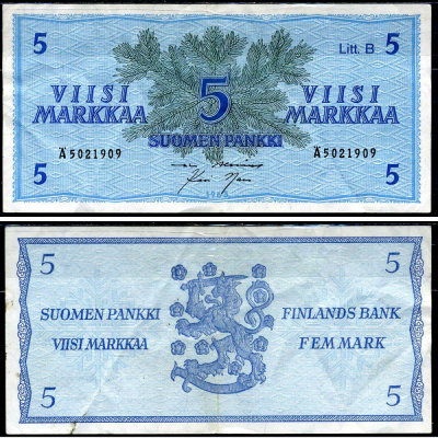 Финляндия 5 марок 1963 Pick 106Aa(38) бумага 3295-50-1-2