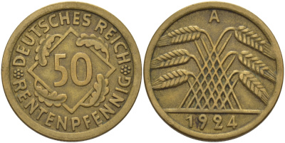 Германия 50 рентенпфеннигов 1924 A KM 34, J. 310 алюминиевая бронза 28-442