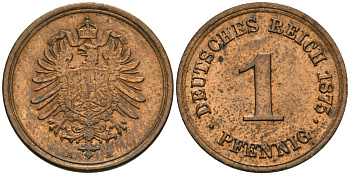 Германия 1 пфенниг 1875 A, Вильгельм I (1871-1888) KM 1, J. 1 медь aUNC 1525-122
