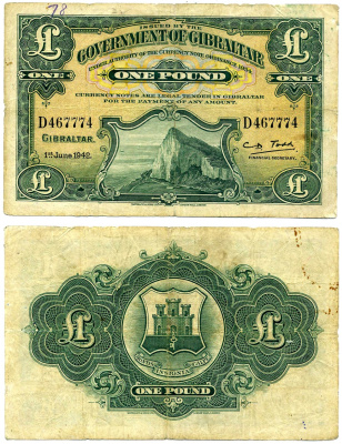 Гибралтар 1 фунт 1942 1 ИЮНЯ 1942, TDLR Pick 15b бумага 451-446-2