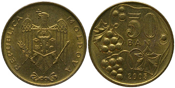 Молдавия 50 бани 2005 KM 10 сталь плакированная латунью UNC 4549-1064