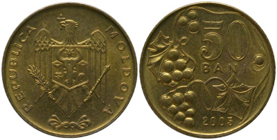 Молдавия 50 бани 2005 KM 10 сталь плакированная латунью UNC 4549-1064