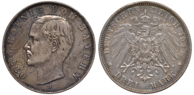 Бавария 3 марки 1911 Отто (1886-1913) Weege 45, J. 47, KM 515 серебро 3896-912