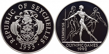 Сейшельские острова 25 рупий 1993 XXV летние олимпийские игры 1992 года в Барселоне, гиманстика, тираж 40000 экз. KM 70 серебро PROOF 1077-2-62