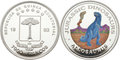 Экваториальная Гвинея 7000 франков 1993 серия ДИНОЗАВРЫ, АЛЛОЗАВР, цветная эмаль KM 148 серебро PROOF 00-000-00