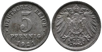 ГЕРМАНИЯ 5 ПФЕННИГОВ 1921 F KM 19, J. 297 железо 39-269
