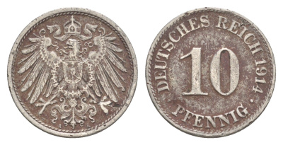 Германия 10 пфеннигов 1914 A, Вильгельм II (1888-1918) KM 12, J. 13 медно-никель 4647-921