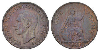 Великобритания 1 пенни 1949 Георг VI (1936-1952), редкий год KM 869, Spink 4117 бронза 3896-1114