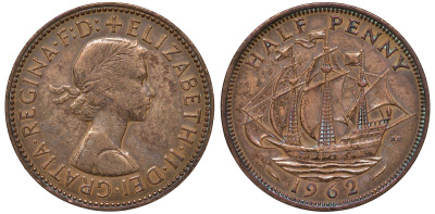 Великобритания 1/2 пенни 1962 Елизавета II (1952-2022) KM 896, Spink 4158 бронза 4122-831