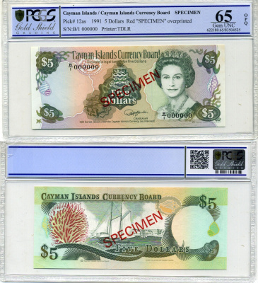 Каймановы острова набор из 4 банкнот 1991 образец, Specimen, в слабах PCGS - 5 долларов 65 Gem UNC, 10 долларов 65 Gem UNC, 25 долларов 67 Superb Gem UNC, 100 долларов 68 Superb Gem UNC Pick 12as, 13bs, 14s, 15s бумага 452-1-45
