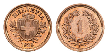 Швейцария 1 раппен 1928 B KM 3.2 бронза aUNC 46-535