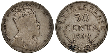 Ньюфаундленд 50 центов 1909 Эдуард VII (1901-1910) KM 11 серебро    4044-1311