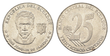 Эквадор 25 сентаво 2000 год-тип KM 107 нержавеющая сталь 4663-357
