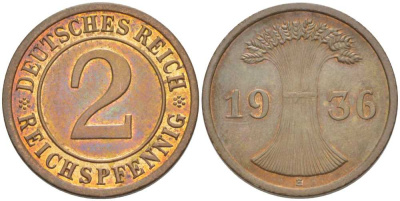 ГЕРМАНИЯ 2 РЕЙХСПФЕННИГA 1936 E KM 38, J. 314, Weege 4 бронза 206-862