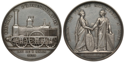 Швейцария медаль начало XIX века на открытие железнодорожного сообщения Страсбург-Бале, паровоз, вес 42,9 гр., диаметр 41 мм серебро 10-010-76