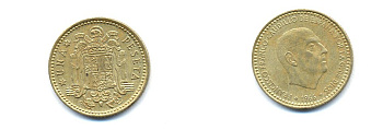 ИСПАНИЯ 1 ПЕСЕТА 1966 (72) ХУАН КАРЛОС I (1975-) KM 796 алюминиевая бронза 54-633