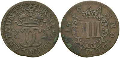 Вальдек 3 пфеннига 1730 KM 6 медь 65-634