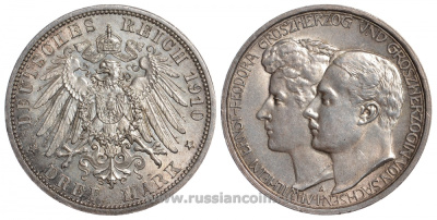 Саксен-Веймар-Эйзенах 3 марки 1910 А, на вторую свадьбу Вильгельма Эрнста и Феодоры Weege 158, J. 162, KM 176 серебро 00-805-46