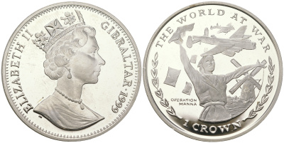 Гибралтар 1 крона 1999 II мировая война, Операция «Манна» KM 845a серебро  PROOF  1091-3-21