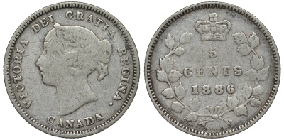Канада 5 центов 1886 большая 6, Виктория (1837-1901) серебро 4588-1048