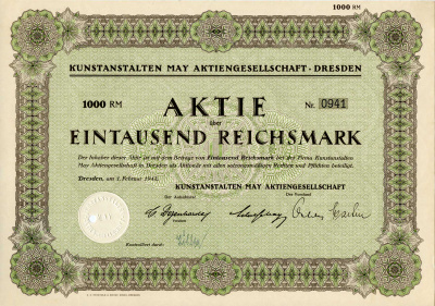 Германия 1000 рейхсмарок 1942 Kunstanstalten May AG (КАМАГ) - художественное издательство, акция   бумага   8801-86-1