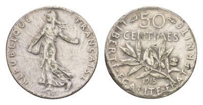 Франция 50 сантимов 1915 KM 854 серебро 4169-1224