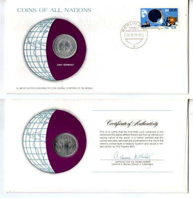 ГДР 1 марка 1978 конверт с маркой первого дня гашения, Coins of Nations KM 35.2 алюминий UNC 4295-15-1