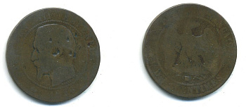 Франция 10 сантимов 1856 BB, Наполеон III (1852-1870) KM 771.3, Le Franc 133.34 бронза 37-333